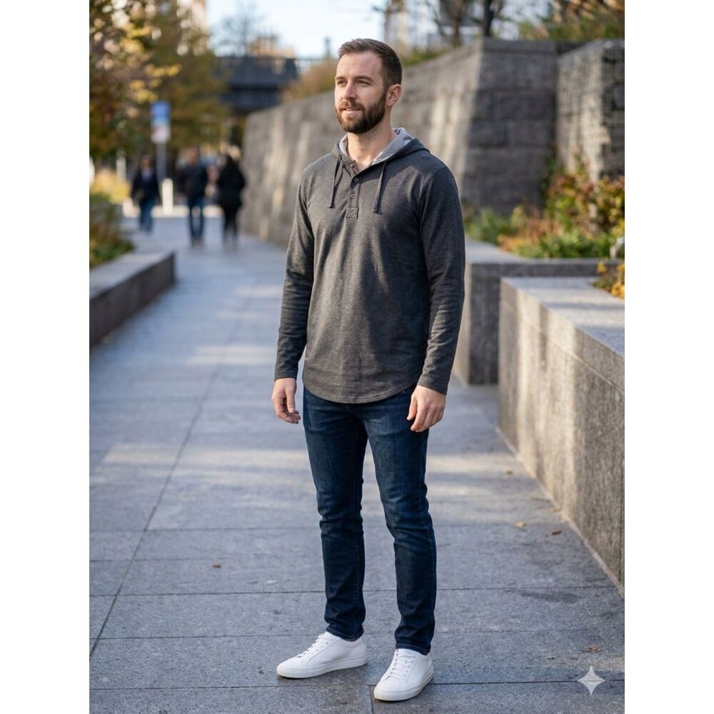 NWOT BYLT Basics Drop-Cut LUX Hooded Henley Charcoal Gray Men's Size Large
